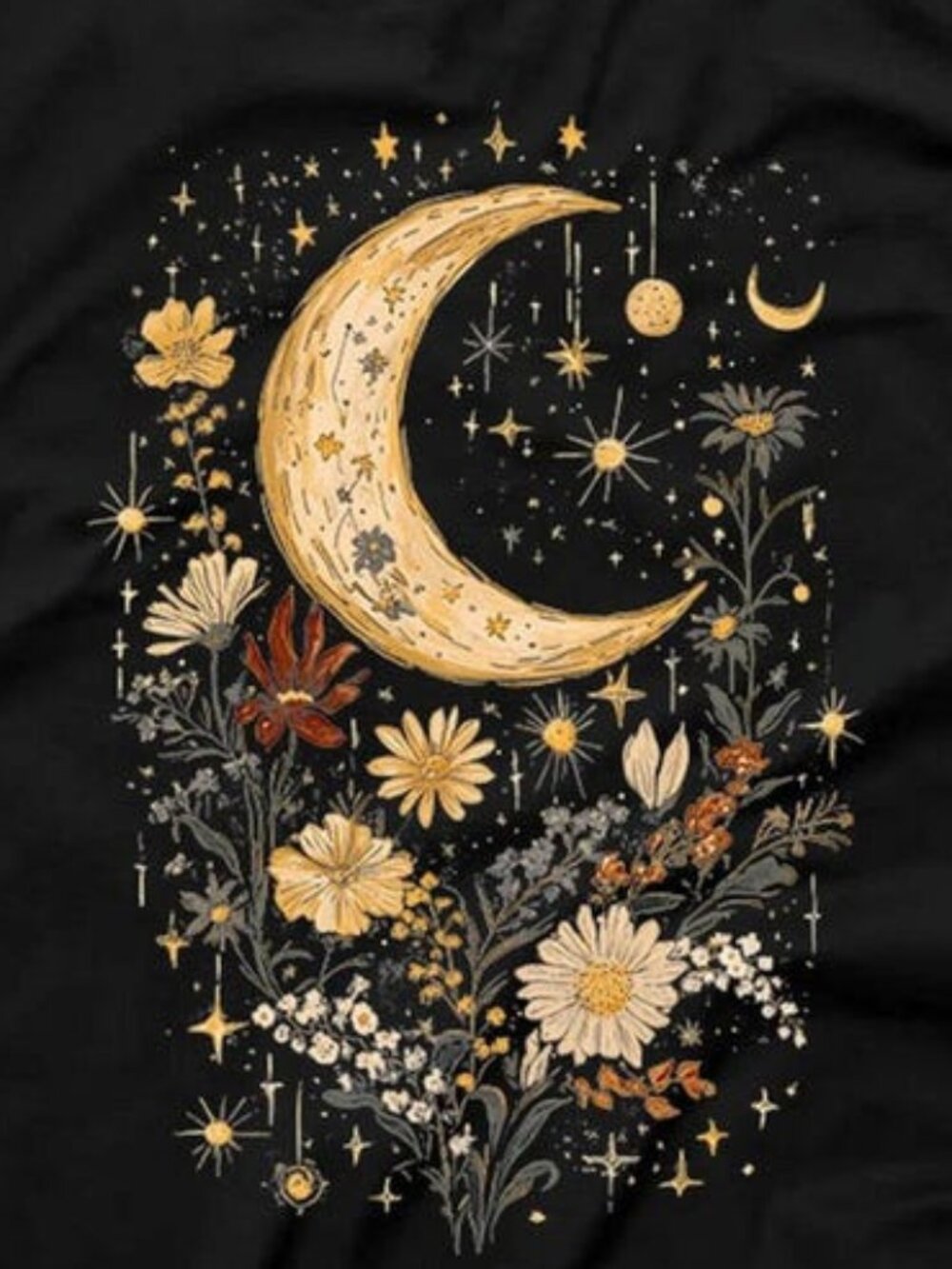 Celestial Moon Boho Flowers Best Seller Funny Gift Black Tee - Picture 2 of 4
